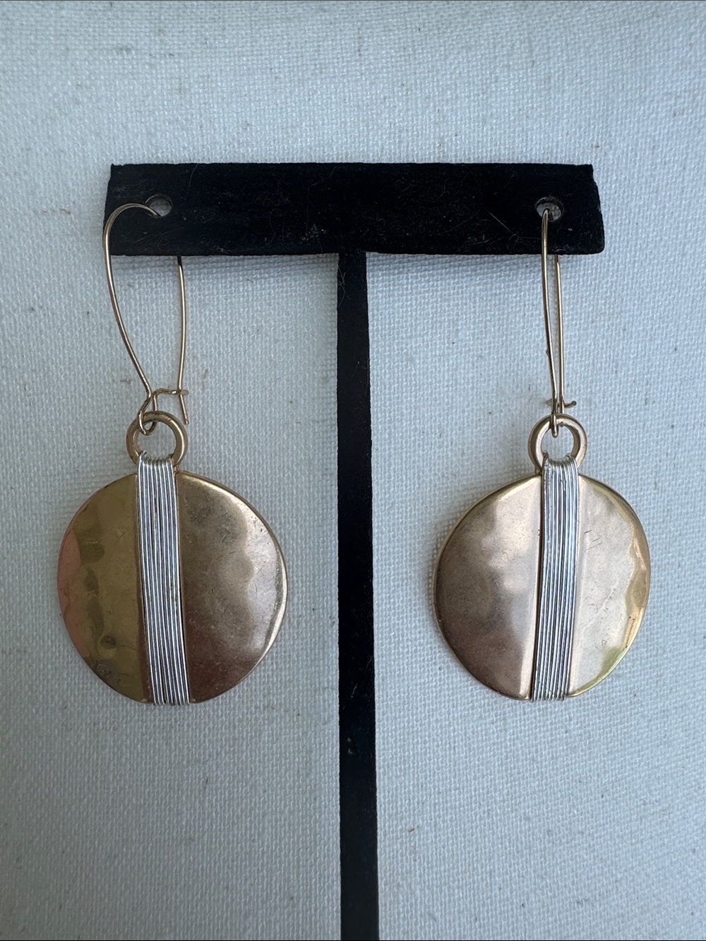 RLM soho hammered mixed metal wire wrap disc drop pierced earrings